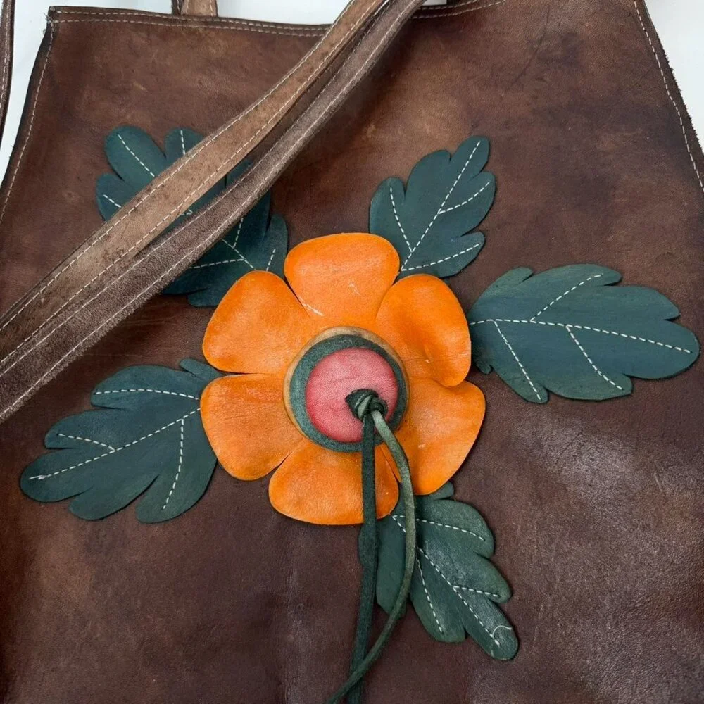 Vintage Handmade Tooled Leather Flower Tote Bag Boho Hippie Artisan Brown